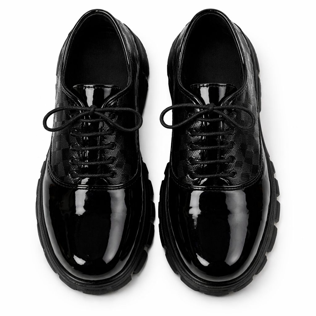Glossy Black Lace Up Shoes with Chunky Sole